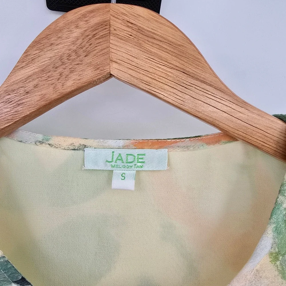 Jade Melody Tam Floral Blouse Green Orange Yellow Impressionist Smocked Cuff S - Picture 5 of 13